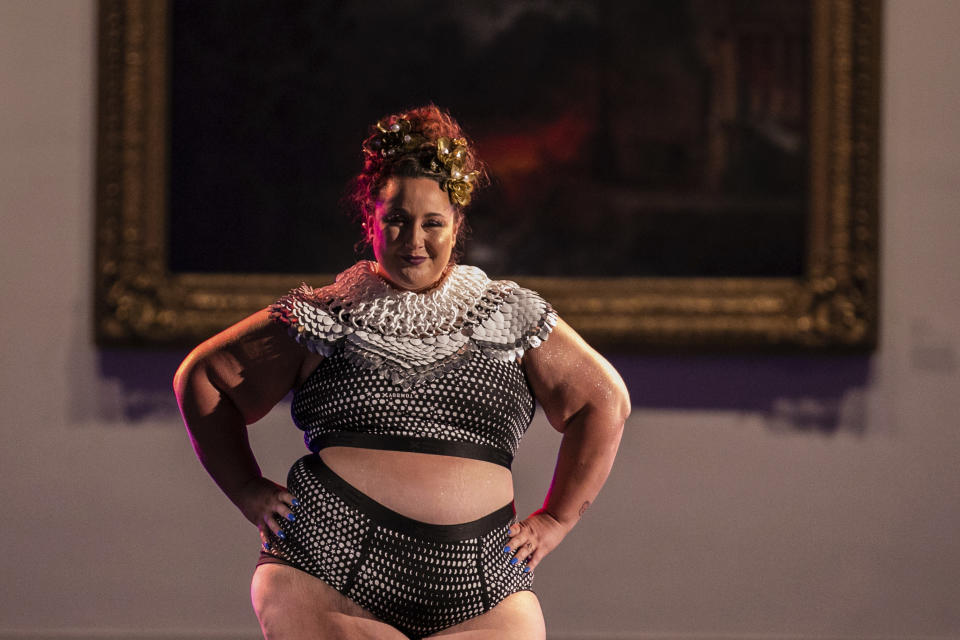 The Tomboy X collection is modeled during the dapperQ fashion show at the Brooklyn Museum on Thursday, Sept. 5, 2019, in New York. (AP Photo/Jeenah Moon)