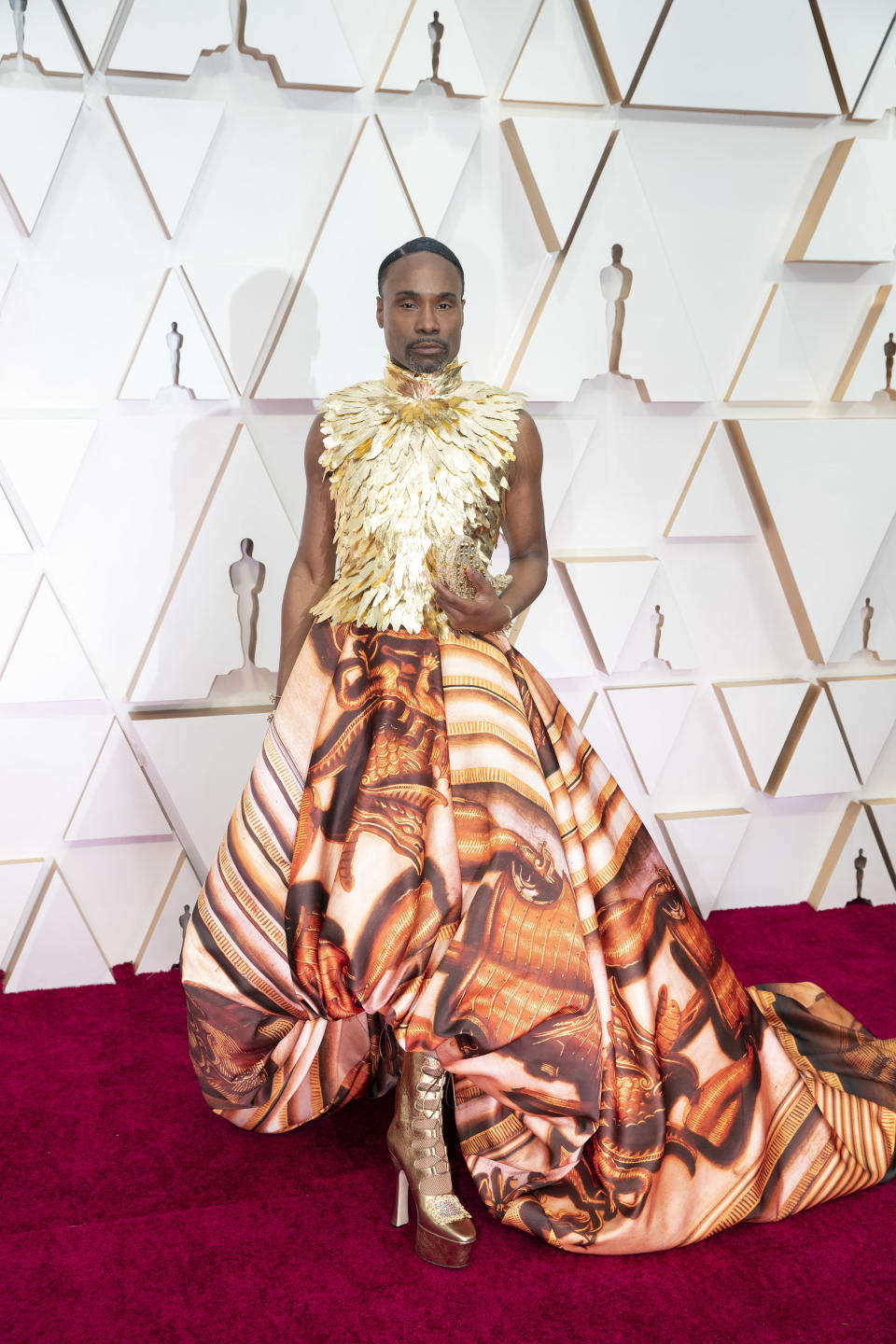 The "Pose" star hit the red carpet in a Roman-inspired couture ensemble by British designer Giles Deacon.