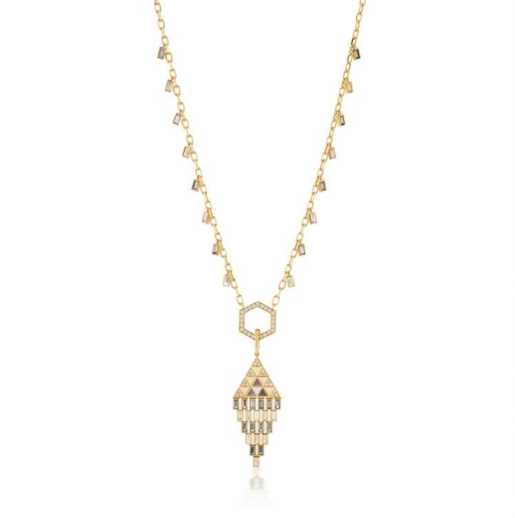 <p>The combination of subtle, sea foam-tinted spinels and sapphires in this delicate pendant necklace is sure to appeal to colour minimalists. </p><p>Yellow gold, diamond, sapphire and spinel necklace, about £6,811, Harwell Godfrey</p><p><a class="link " href="https://www.harwellgodfrey.com/jewelry" rel="nofollow noopener" target="_blank" data-ylk="slk:SHOP NOW;elm:context_link;itc:0;sec:content-canvas">SHOP NOW</a></p>