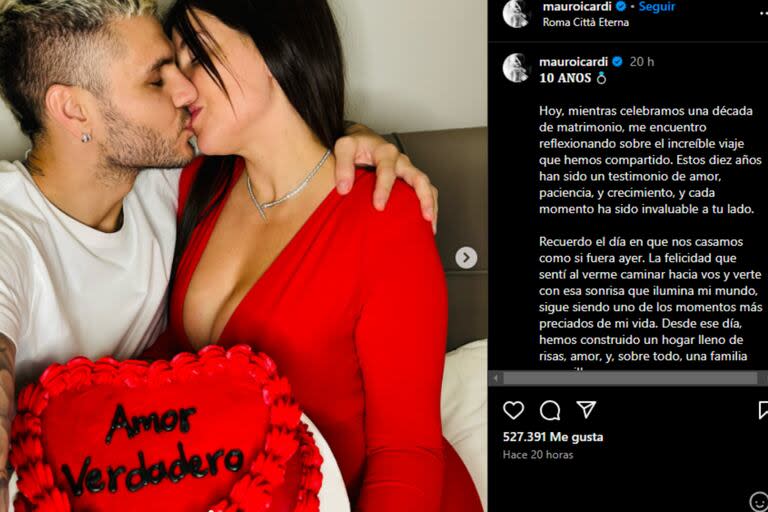 Mauro Icardi celebró los diez años de matrimonio con Wanda Nara (Foto Instagram @mauroicardi)