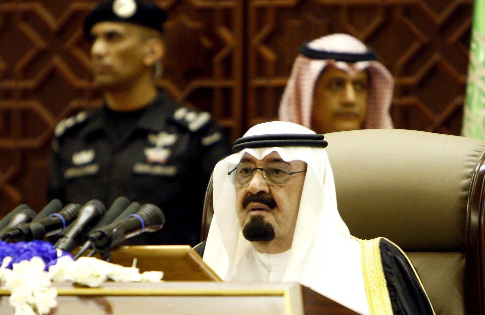 King Abdullah grants women right to vote and run in the 2015 municipal elections. The decision is hailed as a breakthrough, but the local councils are toothless and operate in the shadow of provincial governments led by powerful members of the ruling Al Saud family.  <em>King Abdullah of Saudi Arabia delivers a speech to the Saudi Shura Council, or advisory assembly, in Riyadh, Saudi Arabia, Sunday, Sept. 25, 2011. (AP Photo)</em>