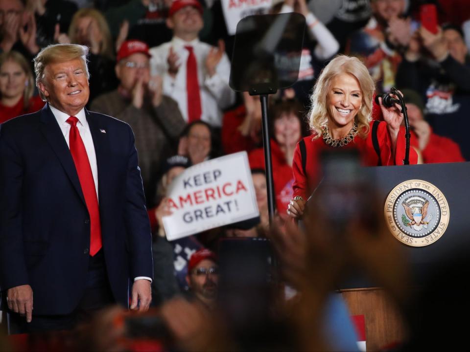 Kellyanne Conway joins President Donald Trump at a Keep America Great Rally on January 28, 2020 in Wildwood, New Jersey (Getty Images)