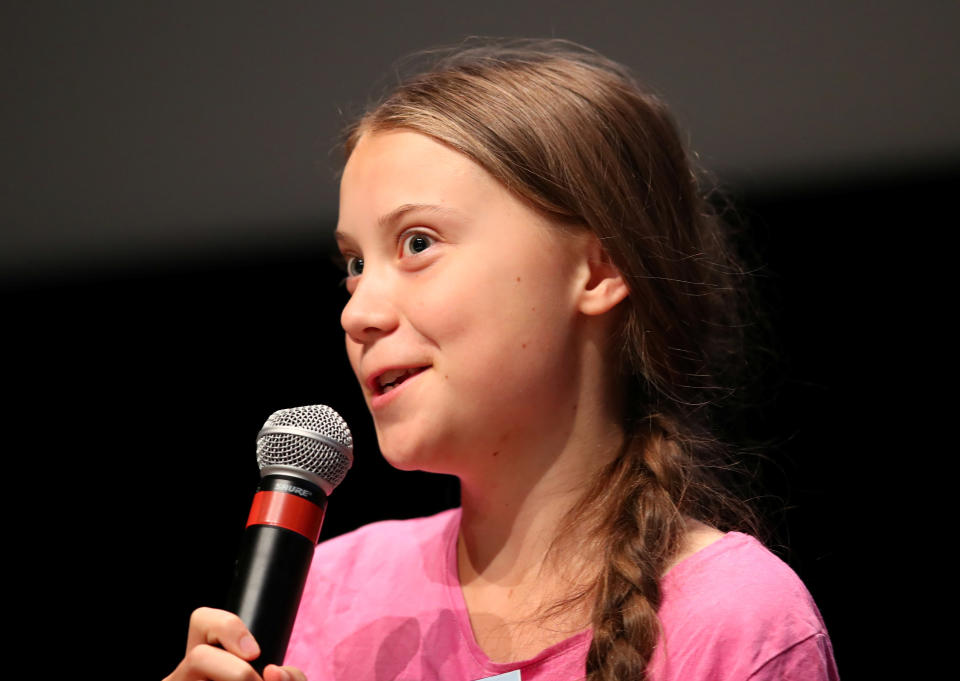 Swedish teenage climate activist Greta Thunberg attends a news conference  at the SMILE meeting (Summer Meeting In Lausanne Europe), with other young climate strike activists from 37 European countries of the FridaysforFuture movement in Lausanne, Switzerland, August 5, 2019. REUTERS/Denis Balibouse