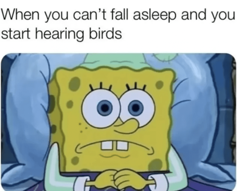 SpongeBob SquarePants, wearing a nightcap, looks worried and wide-eyed in bed. The text above says, "When you can’t fall asleep and you start hearing birds."