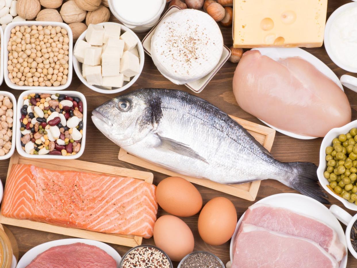 high protein foods such as fish, eggs, dairy, beans, lean meat, and tofu