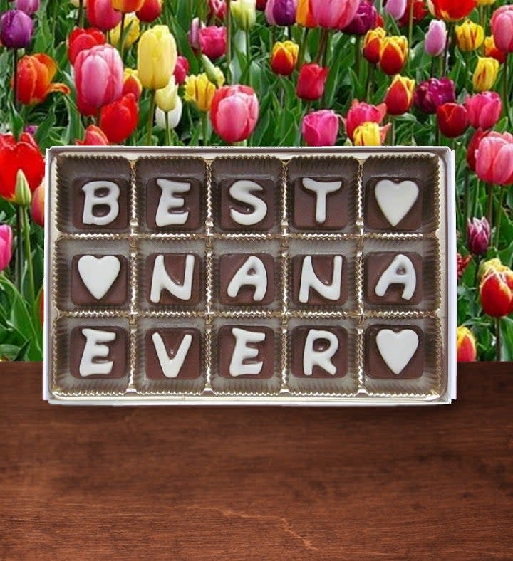 <p><a href="https://go.redirectingat.com?id=74968X1596630&url=https%3A%2F%2Fwww.1800flowers.com%2Fmarketplace%2Fp%2Fbest-nana-chocolate-message-grandma-gift&sref=https%3A%2F%2Fwww.thepioneerwoman.com%2Fholidays-celebrations%2Fgifts%2Fg43296433%2Fmothers-day-gifts-for-grandma%2F" rel="nofollow noopener" target="_blank" data-ylk="slk:Shop Now;elm:context_link;itc:0;sec:content-canvas" class="link ">Shop Now</a></p><p>Best Nana Ever Chocolates</p><p>1800flowers.com</p><p>$40.50</p><span class="copyright">1-800-Flowers</span>