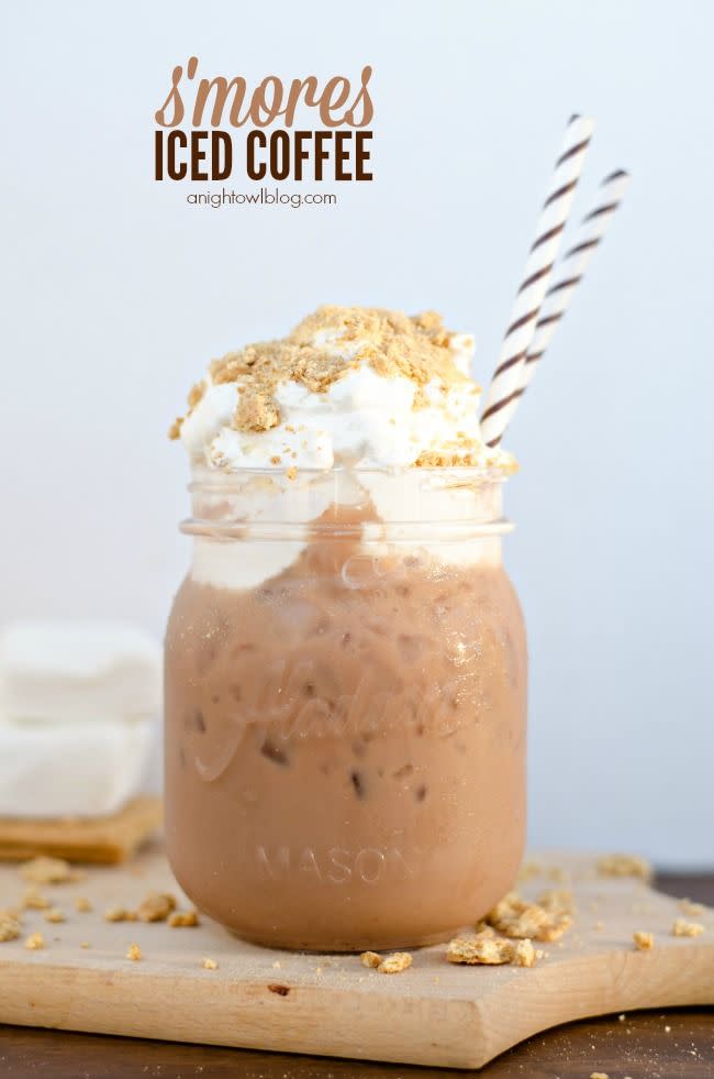 <p>Adding marshmallow whipped cream, chocolate milk, and crushed graham crackers gives your iced coffee a dessert-y spin.</p><p>Get the tutorial from <a href="http://anightowlblog.com/2014/08/smores-iced-coffee.html/" rel="nofollow noopener" target="_blank" data-ylk="slk:A Night Owl;elm:context_link;itc:0;sec:content-canvas" class="link ">A Night Owl</a>.</p>