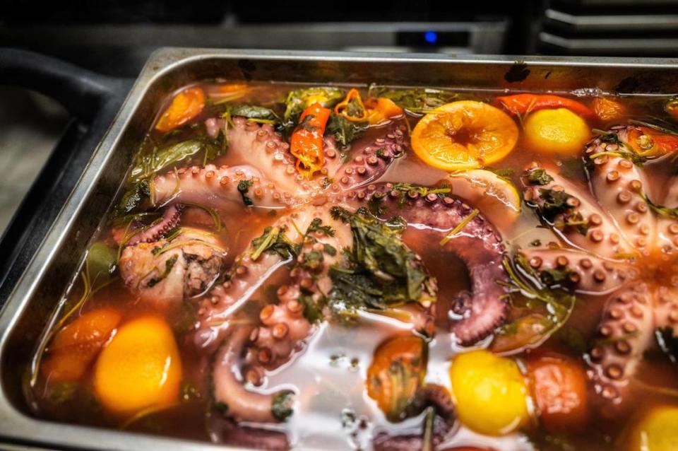 An octopus sits in a broth that it was cooked in for more than an hour in an iCombi Pro oven during a November demonstration at commercial kitchen rental space Fantastic Kitchen in Sacramento.