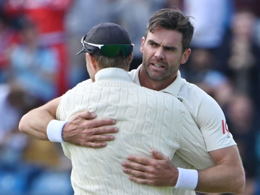 James Anderson celebrates taking the wicket of India’s captain Virat Kohli (AFP via Getty Images)