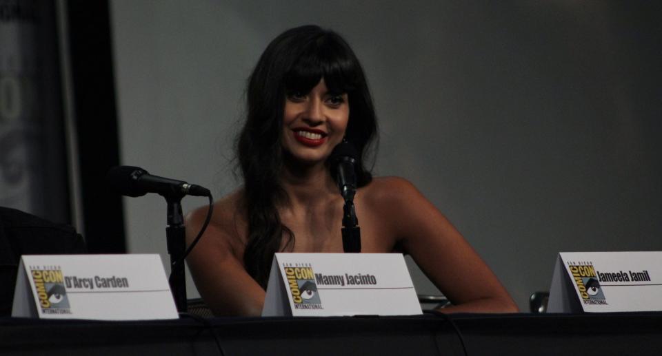 During an interview, Jameela Jamil shares a contagious smile