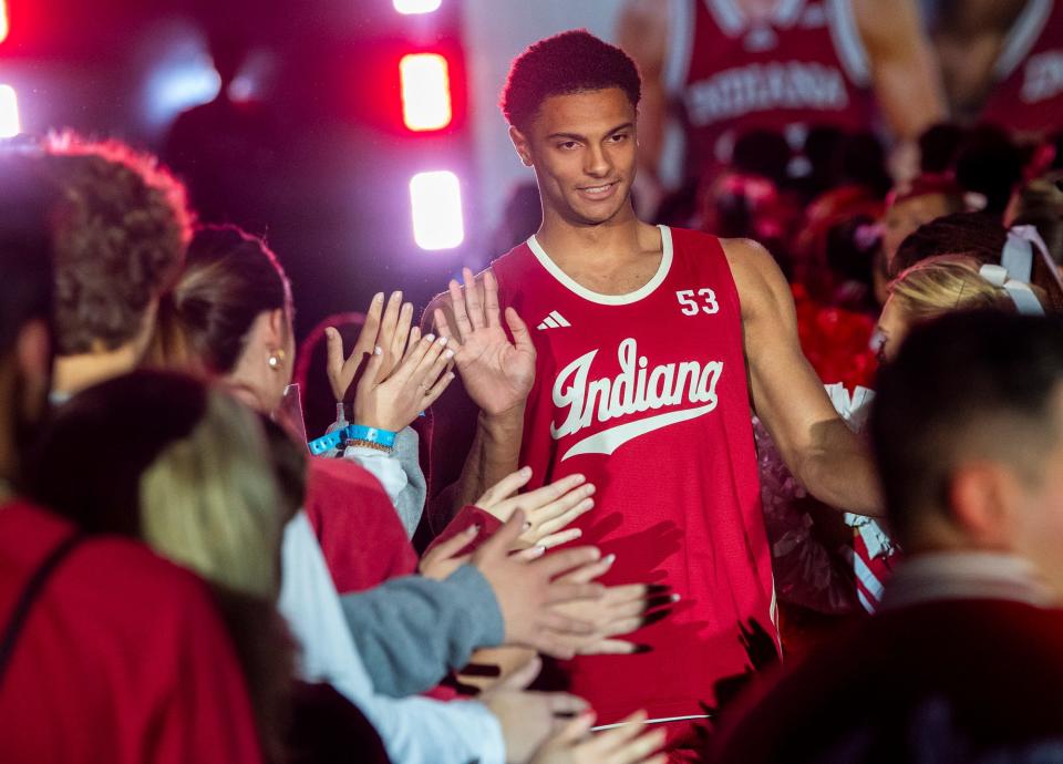 Indiana's Jordan Rayford is announced during Hoosier Hysteria at Simon Skjodt Assembly Hall on Friday, October 20, 2023.