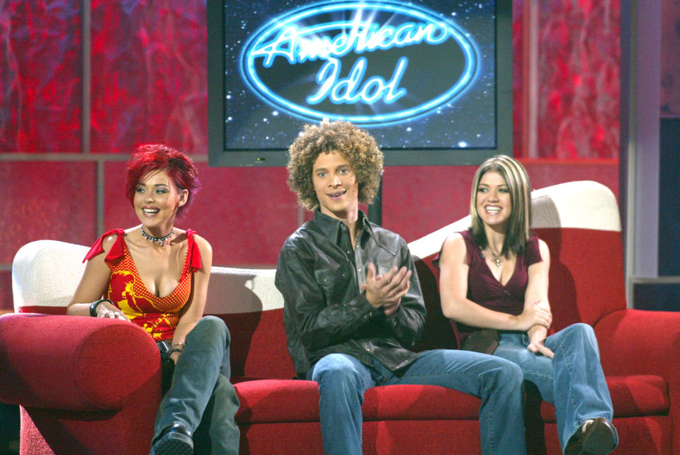 Nikki McKibbin, Justin Guarini and Kelly Clarkson at FOX-TV's "American Idol" in Los Angeles, Ca. Wednesday, August 28, 2002. Photo by Kevin Winter/ImageDirect/FOX.*** Please Call For Usage ***