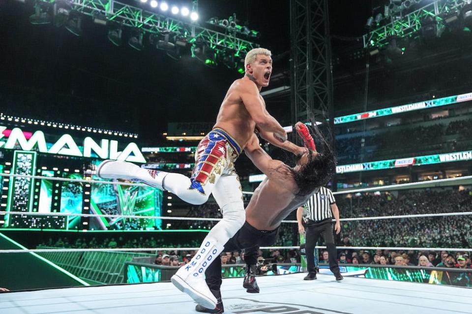 Cody Rhodes in action against Roman Reigns during Night Two of WrestleMania 40 at Lincoln Financial Field on April 7, 2024 in Philadelphia, Pennsylvania.