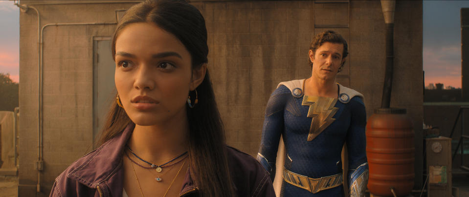 Rachel Zegler as Anthea and Adam Brody as Super Hero Freddy in Shazam! Fury of the Gods