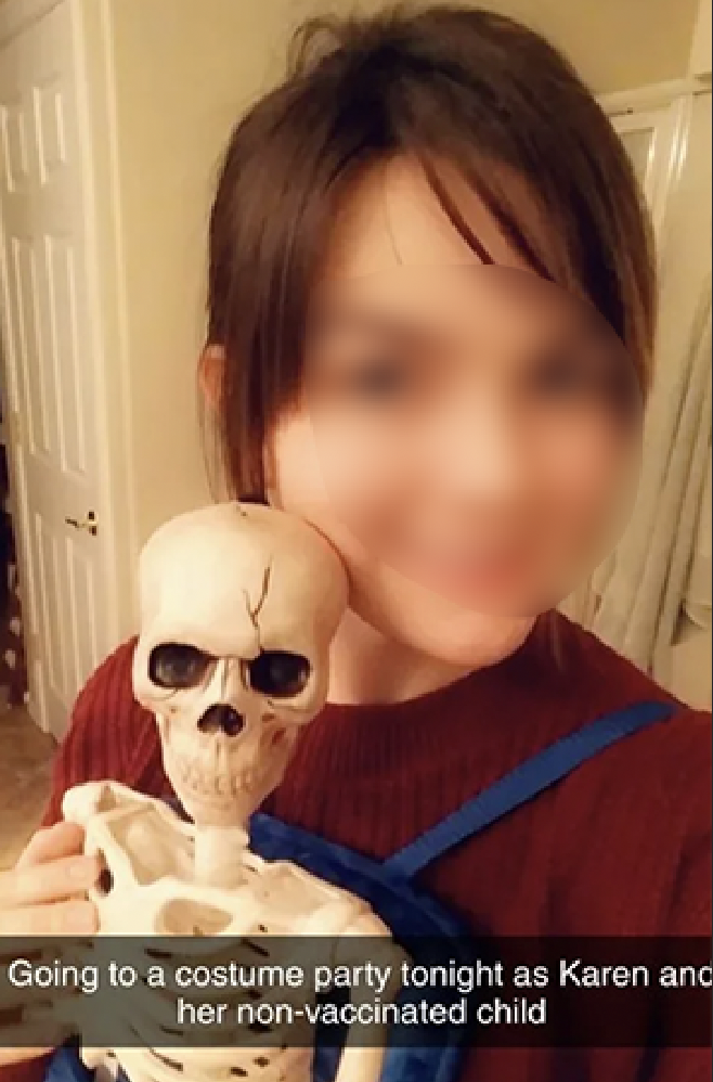 woman dressed as a "karen" and her non-vaccinated child (a skeleton)
