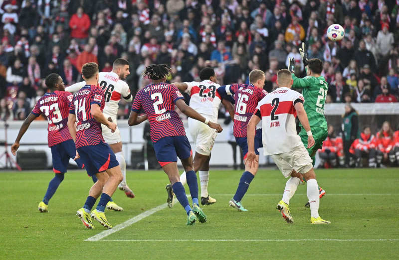 Stuttgart's Deniz Undav (3rd L) scores his side's fourth goal of the game during the German Bundesliga soccer match between VfB Stuttgart and RB Leipzig at MHPArena. Jan-Philipp Strobel/dpa