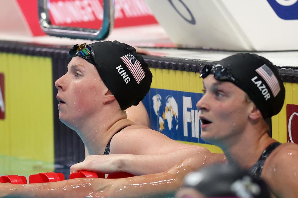 BUDAPEST, HUNGARY - JUNE 19: Lilly King of Team United States reacts after competing in the Women's 100m Breaststroke Semi Final on day two of the Budapest 2022 FINA World Championships at Duna Arena on June 19, 2022 in Budapest, Hungary. (Photo by Maddie Meyer/Getty Images)