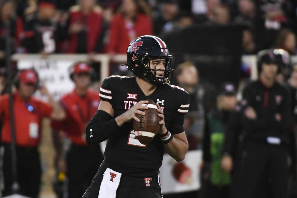 Texas Tech quarterback Behren Morton looks to throw a pass against Baylor during the first half of an NCAA college football game Saturday, Oct. 29, 2022, in Lubbock, Texas. (AP Photo/Justin Rex)