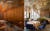 At left: Wegner's chairs on the upper level of the Grill Room. At right: Mies van der Rohe's chairs in the Pool Room.