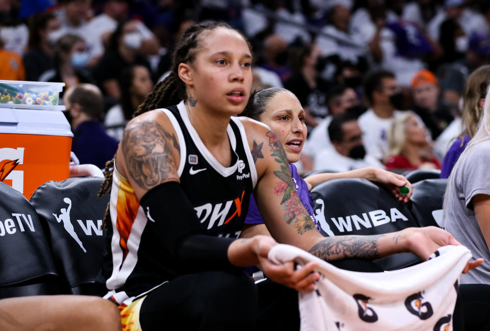 Seen here, Brittney Griner of the Phoenix Mercury reacts to a foul call in a WNBA game against the Chicago Sky.