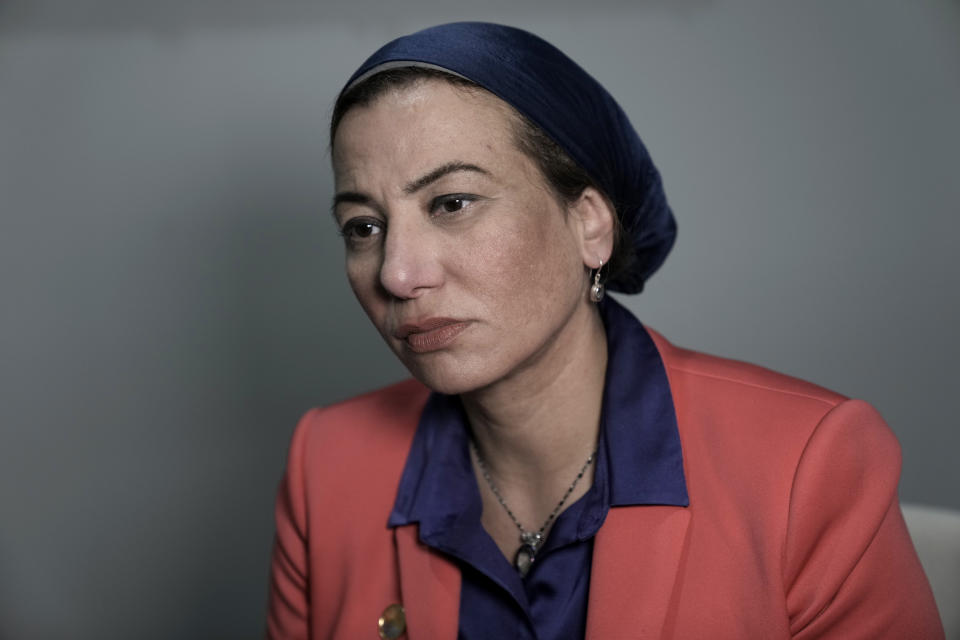 Egypt's Environment Minister Yasmine Fouad speaks with The Associated Press at the COP27 U.N. Climate Summit, Saturday, Nov. 12, 2022, in Sharm el-Sheikh, Egypt. (AP Photo/Nariman El-Mofty)