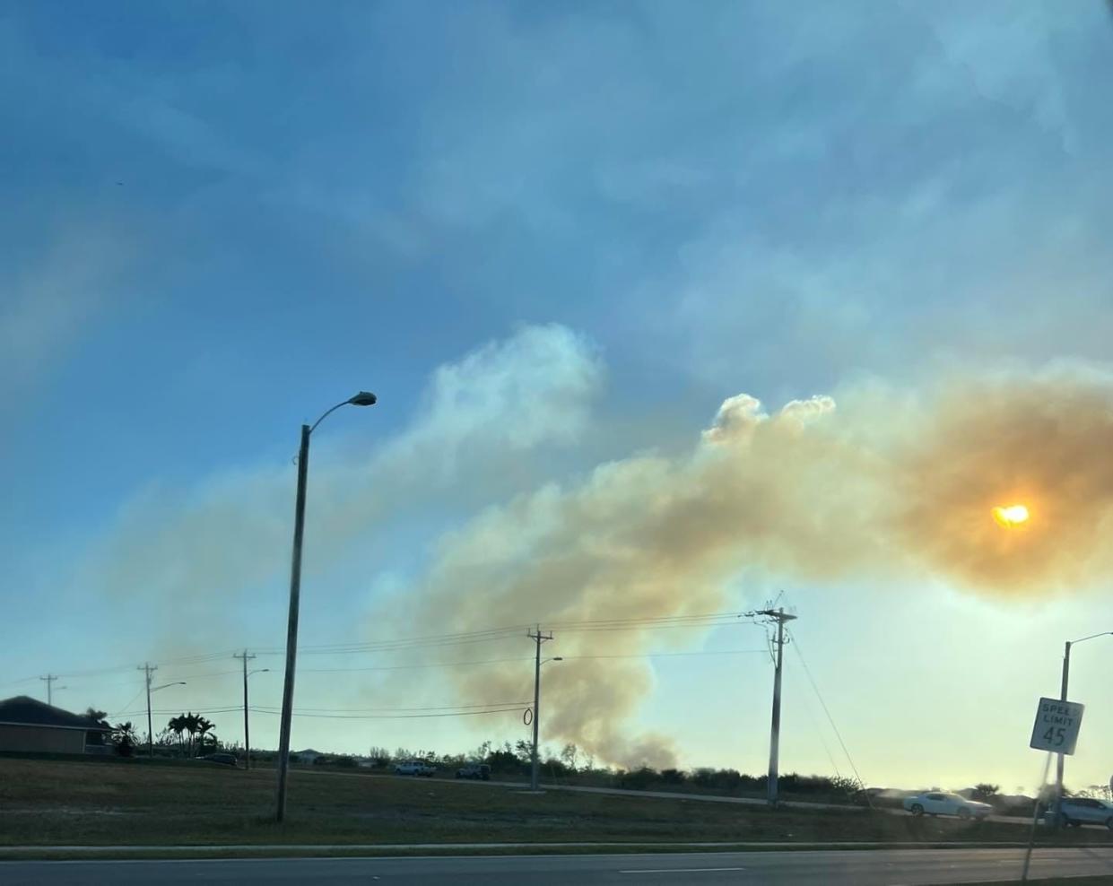 Firefighters and police were among at least eight agencies dispatched to a call alerting of a brush fire Wednesday afternoon. The 10-acre fire was 75% contained by Thursday morning, Cape Coral Fire said.