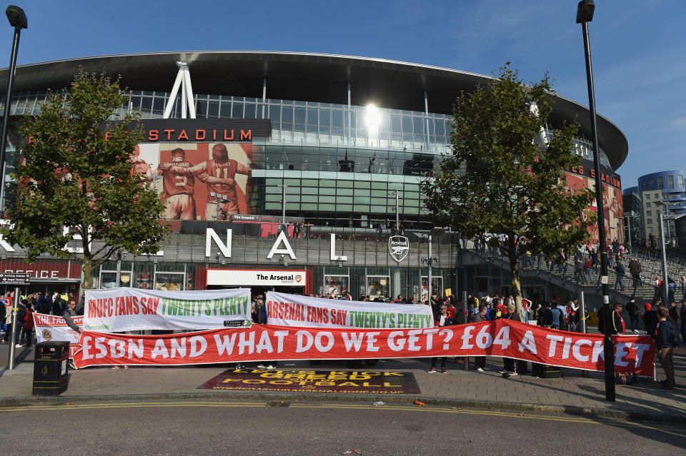 Ticket price protests outside Emirates Stadium, Arsenal's home ground.