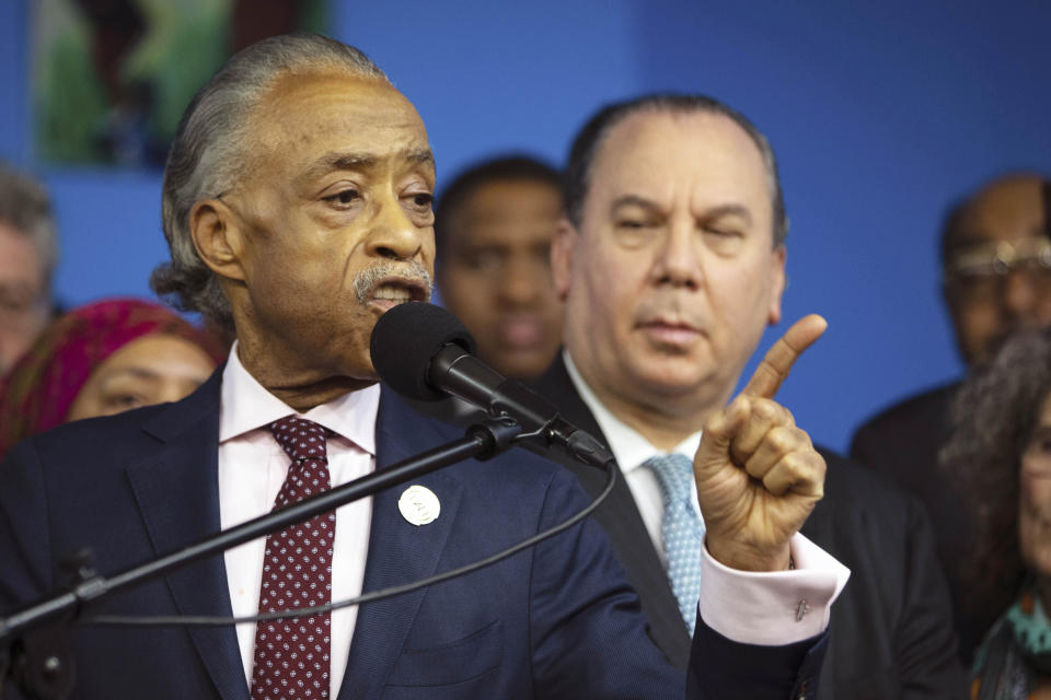 Rev. Al Sharpton, left, holds a news conference at his National Action Network headquarters in New York with Rabbi Marc Schneier, Monday, Dec. 30, 2019. Two days earlier, a man stormed into a rabbi's home and stabbing five people as they celebrated Hanukkah in an Orthodox Jewish community north of New York City. Grafton E. Thomas, 37, is charged with federal hate crimes in the attack. (AP Photo/Robert Bumsted)