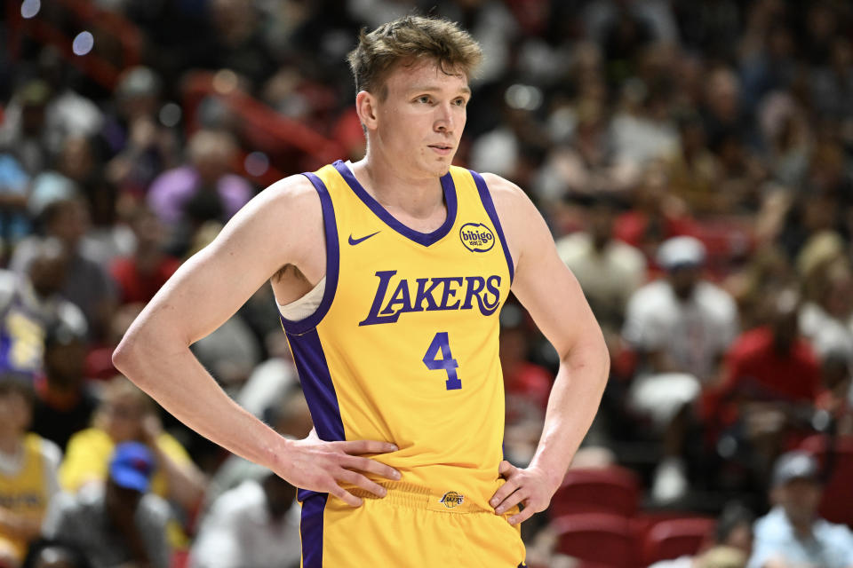 LAS VEGAS, NEVADA - JULY 18: Dalton Knecht #4 of the Los Angeles Lakers looks on against the Cleveland Cavaliers in the second half of a 2024 NBA Summer League game at the Thomas & Mack Center on July 18, 2024 in Las Vegas, Nevada. The Lakers defeated the Cavaliers 93-89. NOTE TO USER: User expressly acknowledges and agrees that, by downloading and or using this photograph, User is consenting to the terms and conditions of the Getty Images License Agreement. (Photo by Candice Ward/Getty Images)