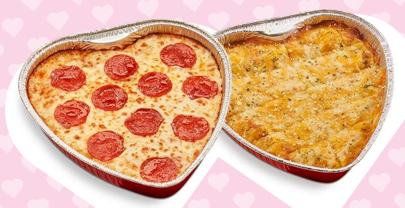 Hungry Howie’s has heart-shaped pizza and 3-Cheeser Howie’s Bread, at right, for $7.99 each while supplies last.