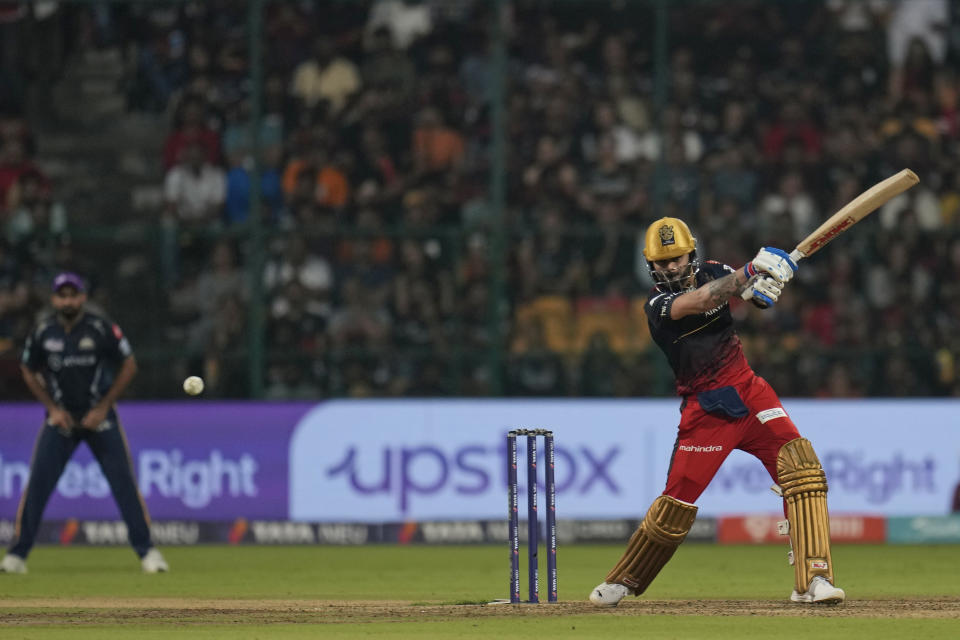 Royal Challengers Bangalore's Virat Kohli plays a shot during the Indian Premier League cricket match between Royal Challengers Bangalore and Gujarat Titans in Bengaluru, India, Sunday, May 21, 2023. (AP Photo /Aijaz Rahi)