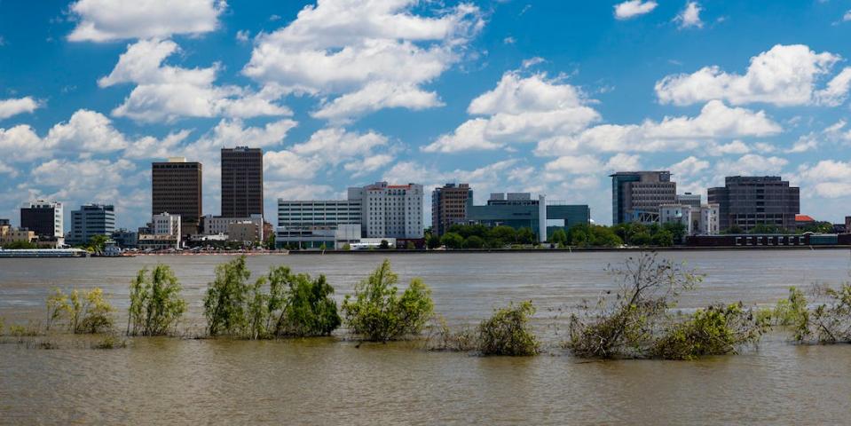 Baton Rouge Skyline and State Capitol on Mississippi River, Louisiana. 2019