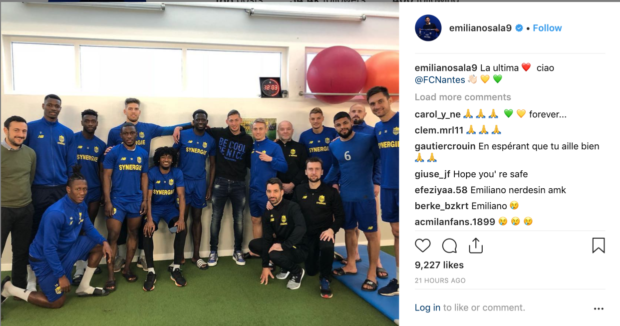 Emiliano Sala’s most recent Instagram post wished goodbye to his Nantes teammates