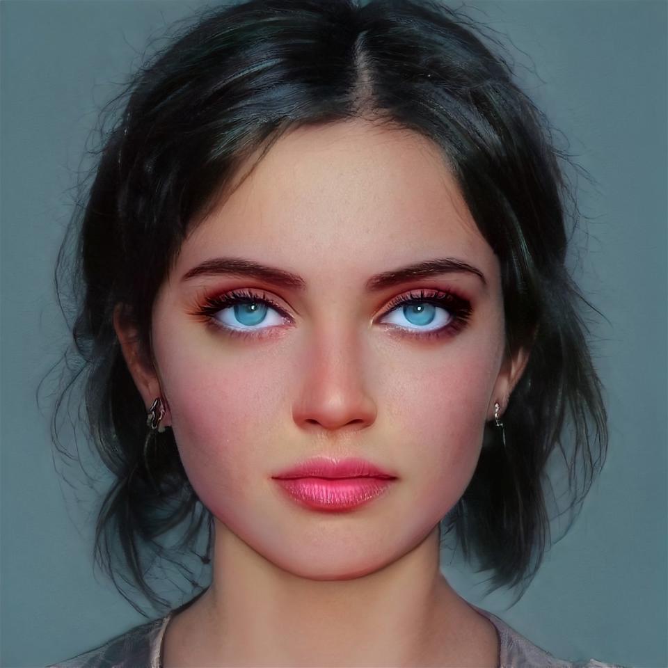 a teenage girl with dark hair and blue eyes