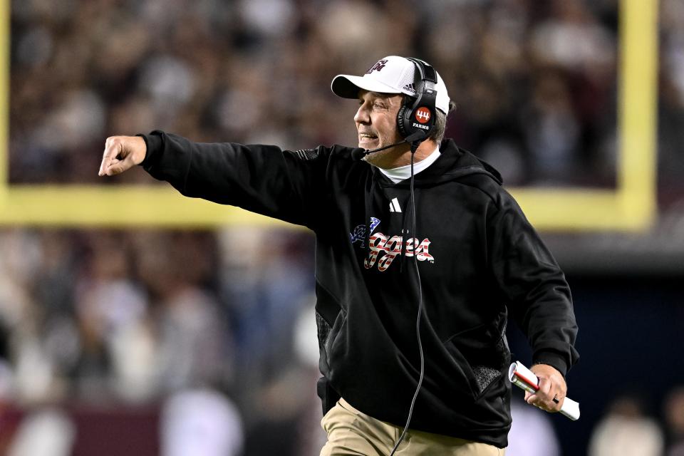 Texas A&M coach Jimbo Fisher reacts to a call during the second quarter against Mississippi State at Kyle Field in College Station, Texas on Nov. 11, 2023. This was Fisher's final game as the Aggies' head coach.