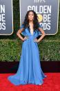 <p>Mj coordinated this indigo gown with Kallati jewels and Stuart Weitzman shoes at the 2019 Golden Globe Awards.</p>