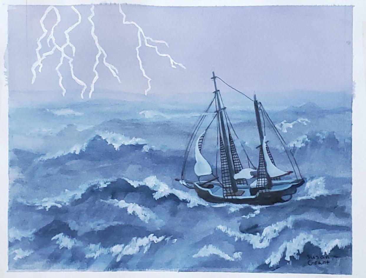 Local artist Susan Grant’s favorite work is shown. “I love the contrast of the dark purple sky and water against the bright white lightning. I love the fine detail work on the boat,” Grant said.
(Photo: PROVIDED BY MONROE ART LEAGUE)