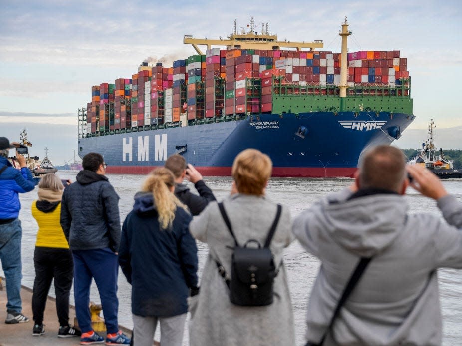 World's largest container ship in the port of Hamburg