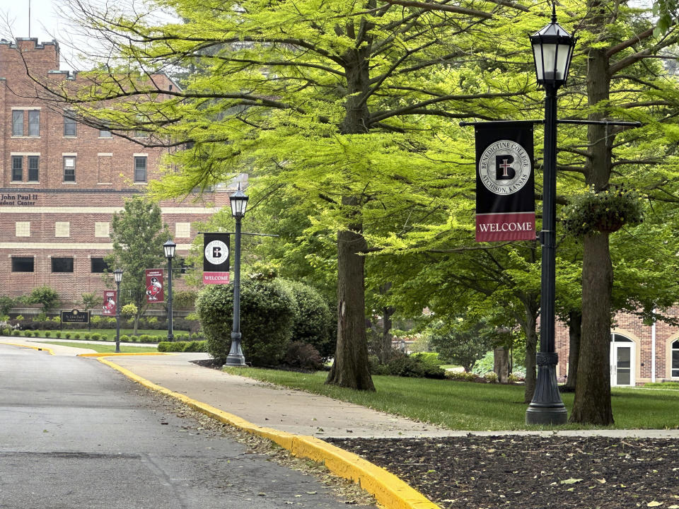 The campus at Benedictine College in Atchison, Kan., was quiet on Wednesday, May 15, 2024, days after Kansas City Chiefs kicker Harrison Butker gave a commencement speech that was getting attention. Butker's speech has raised some eyebrows with his proclamations of conservative politics and Catholicism during his weekend speech, but he received a standing ovation from graduates and other attendees of the commencement ceremony on Saturday, May 11. (AP Photo/Nick Ingram)