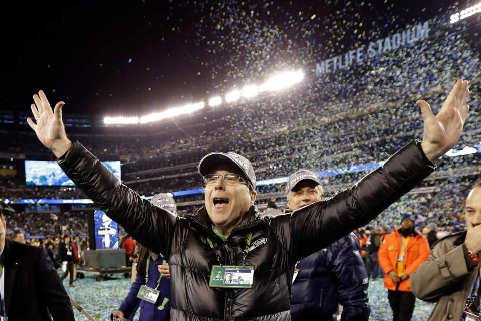 Seattle Seahawks owner Paul Allen celebrates after the NFL Super Bowl XLVIII football game against the Denver Broncos Sunday, Feb. 2, 2014, in East Rutherford, N.J. The Seahawks won 43-8.