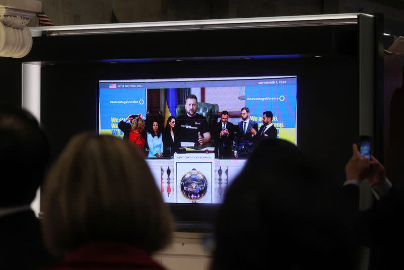 Ukraine's President Volodymyr Zelenskiy rings the opening bell the NYSE in New York