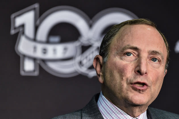 TORONTO, ON - SEPTEMBER 27: NHL Commissioner Gary Bettman unveils the League's Centennial celebration plans for 2017 during a press conference at the World Cup of Hockey 2016 at Air Canada Centre on September 27, 2016 in Toronto, Ontario, Canada. (Photo by Minas Panagiotakis/Getty Images)