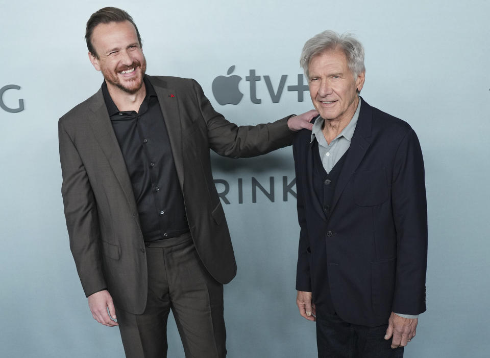 <p>Jason Segel and Harrison Ford share a moment together at the premiere of their Apple TV+ dramedy <i>Shrinking</i> held on Jan. 26 at the Director's Guild of America in Los Angeles.</p>