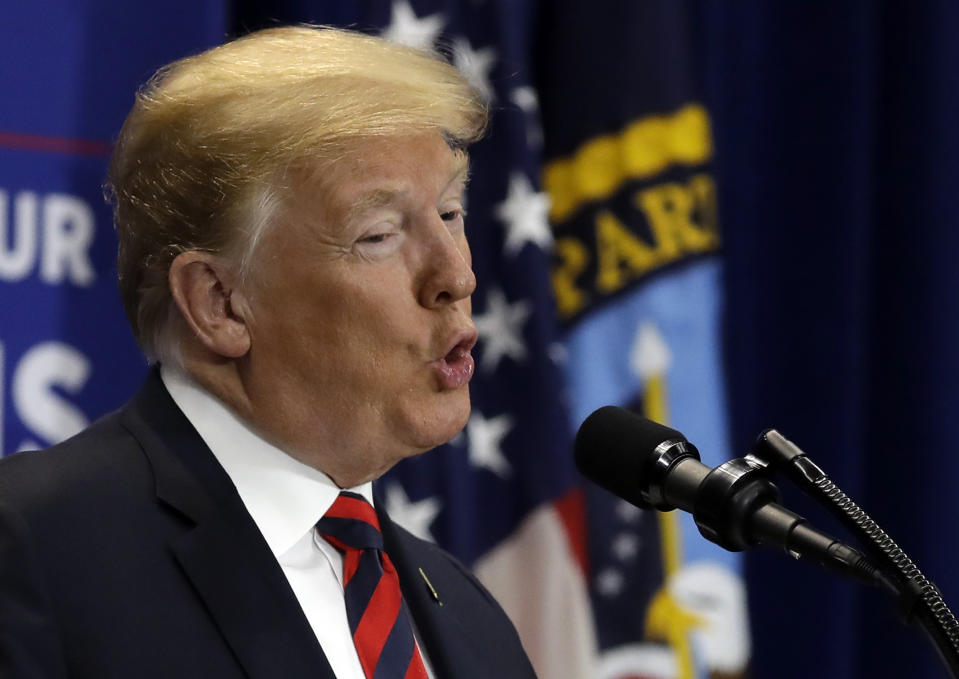 In this Sept. 21, 2018, photo, President Donald Trump speaks at a spending bill signing ceremony at VA Southern Nevada Healthcare System in Las Vegas. (AP Photo/Evan Vucci)