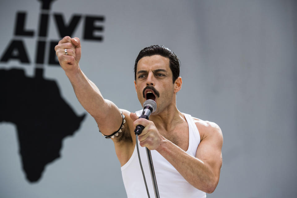 This image released by Twentieth Century Fox shows Rami Malek in a scene from "Bohemian Rhapsody." Malek is nominated for an Oscar for best actor for his role in the film. The 91st Academy Awards will be held on Sunday. (Alex Bailey/Twentieth Century Fox via AP)