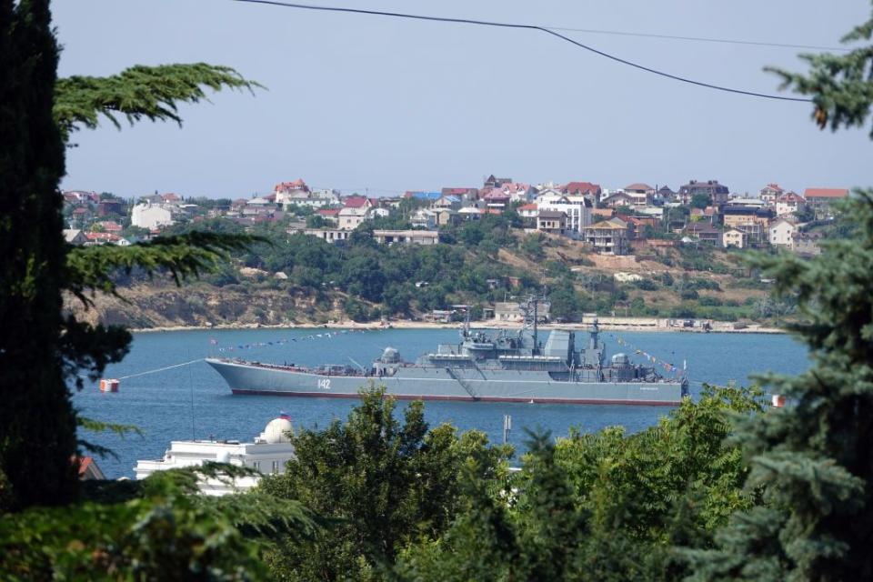 The warship Novocherkassk, belonging to Russia's Black Sea Fleet, in front of the port city Sevastopol in occupied Crimea, July 27, 2019. The landing ship was hit by a Ukrainian missile attack while docked at Feodosia on Dec. 26, 2023. (Ulf Mauder/picture alliance via Getty Images)