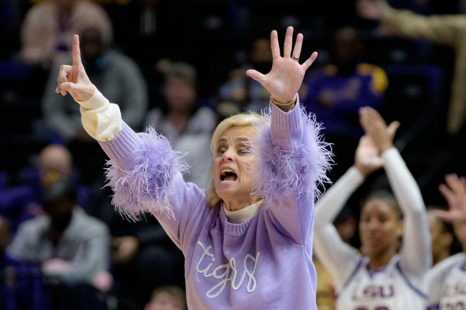 LSU head coach Kim Mulkey reacts during the second half of an NCAA basketball game against Texas A&M on Sunday, Jan. 2, 2022, in Baton Rouge, La. (AP Photo/Matthew Hinton)