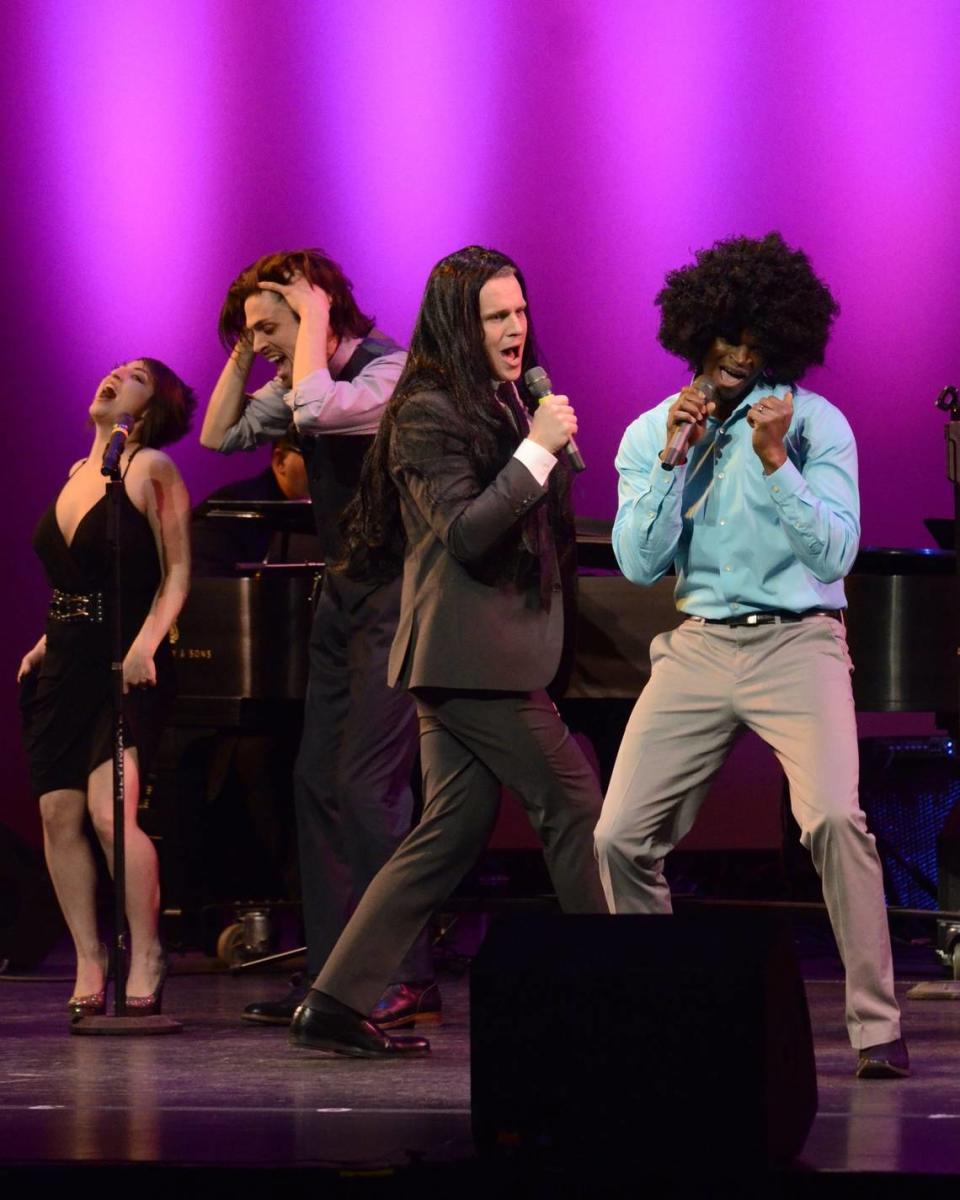 Jonathan Groff, center, and Darian Sanders, right, lead a performance of the title tune from “Hair” during the inaugural production of the Lexington Theatre Company’s “Concert with the Stars” in 2015. Groff, known for his role as King George in the popular Broadway play “Hamilton,” was starstruck with Sanders’ performance.