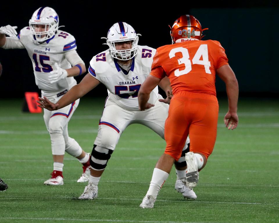 Graham's Aaron McBride blocks Celina's Zach Veverka (34) Friday, Dec. 4, 2020, in the Region I-4A Division II quarterfinal at Globe Life Park in Arlington. The Steers defeated the Bobcats 23-21.