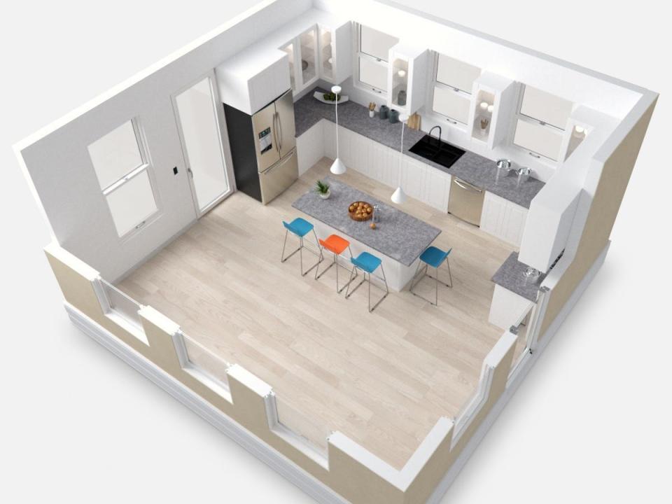 A rendering of the interior of the Casita on a white background